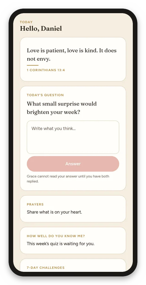 The today screen in Amaré, with the verse and question of the day