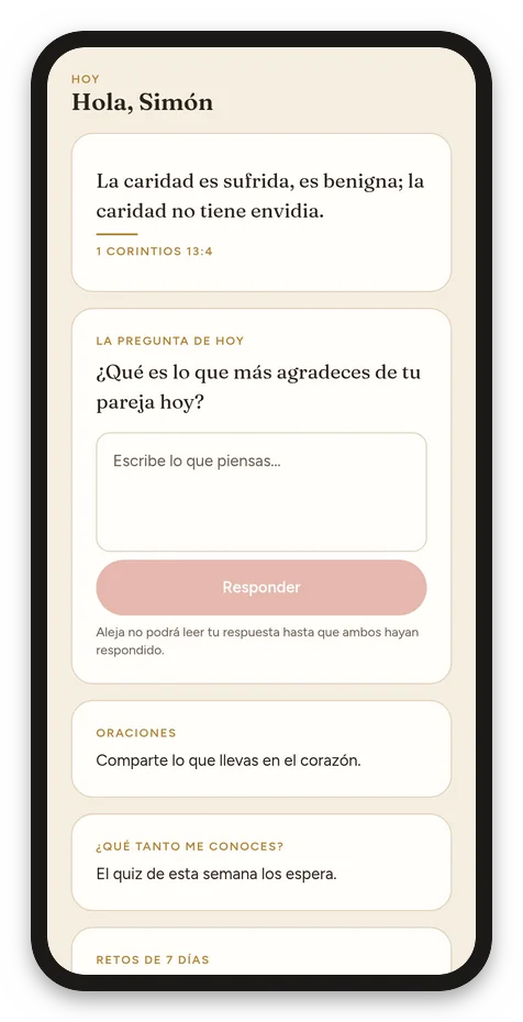 La pantalla de hoy en Amaré, con el versículo y la pregunta del día